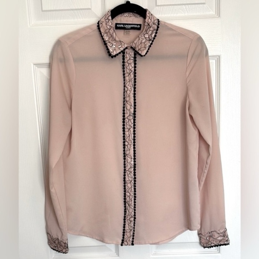 Karl Lagerfeld Lace Trim Blush Button Front Blouse Size S